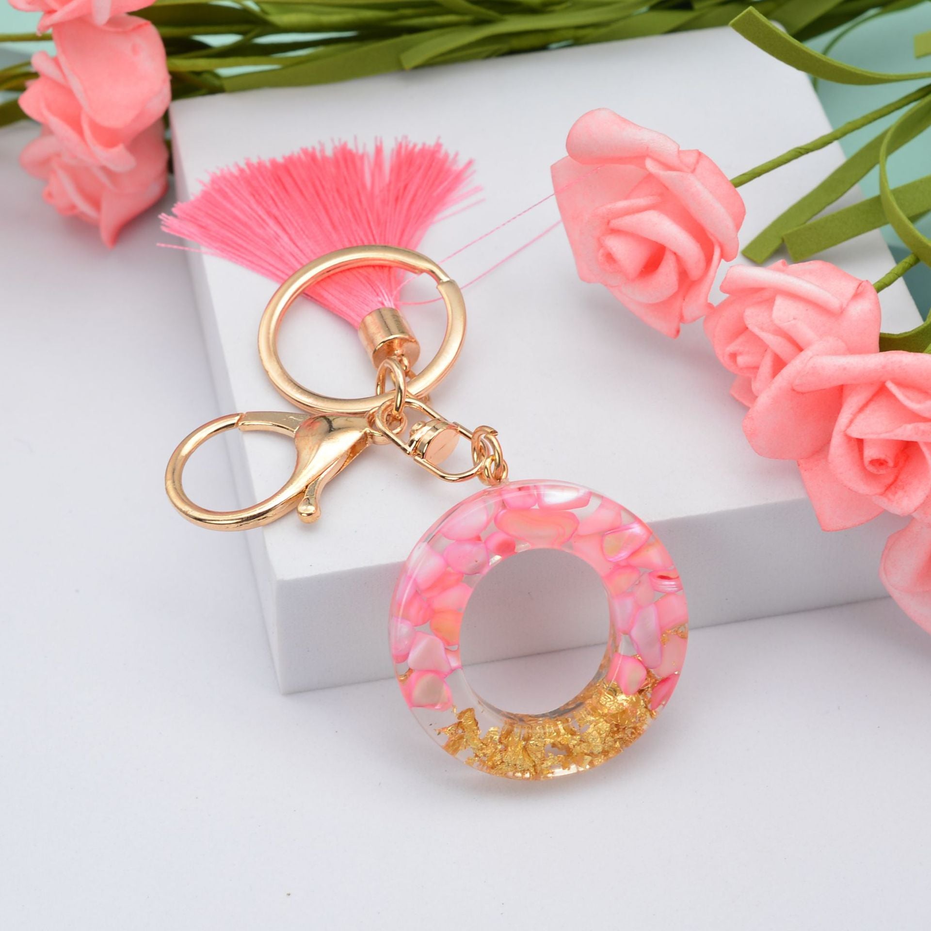 Wholesale Pink Tassel 26 Letter Crystal Resin Keychain